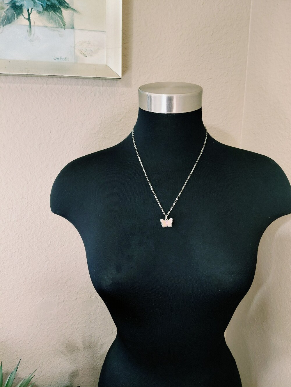 Silver Pink Butterfly Necklace Rhinestone - Picture 4 of 5